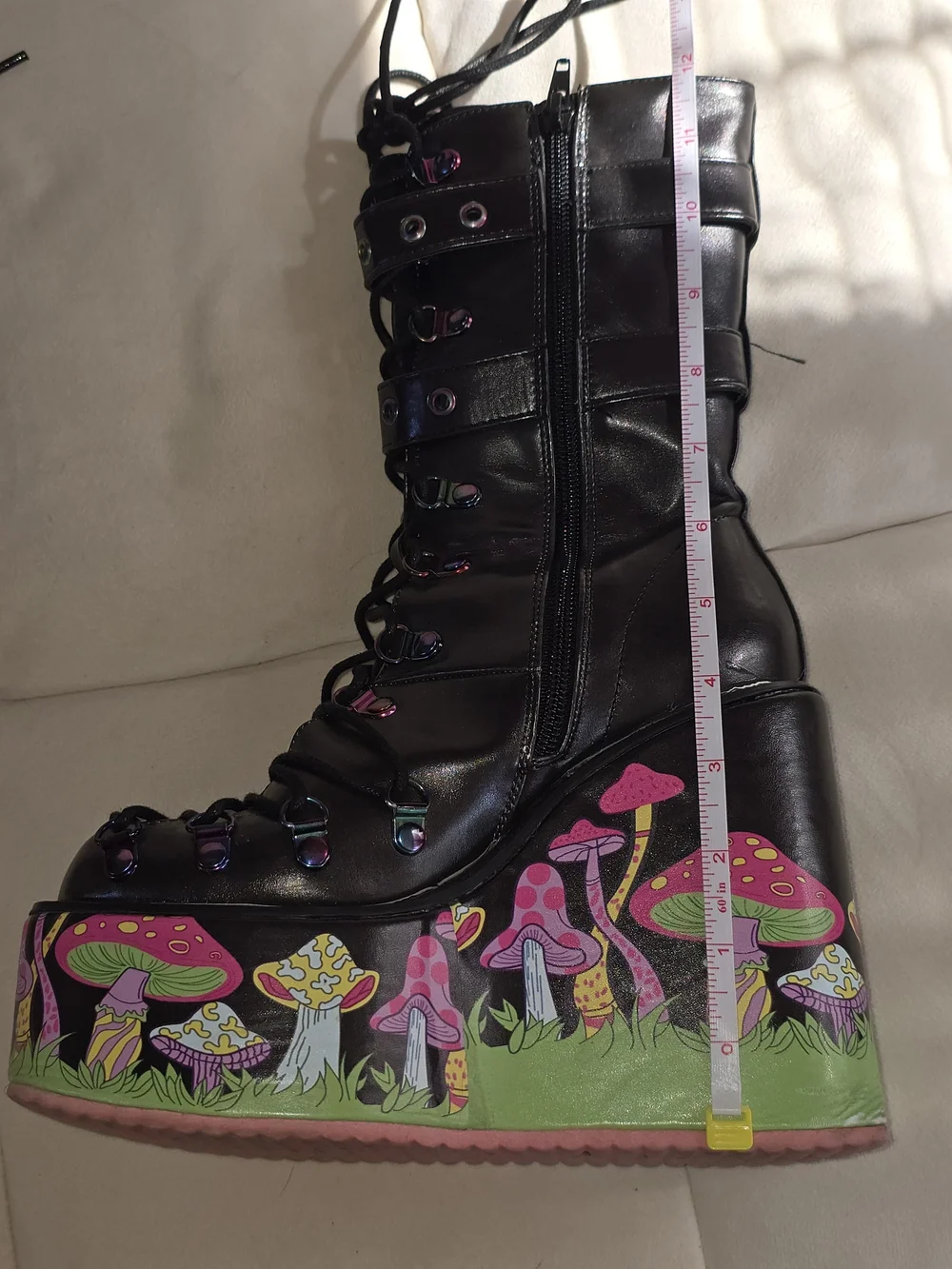Black Platform Lace-Up Boots with Neon Mushroom Print